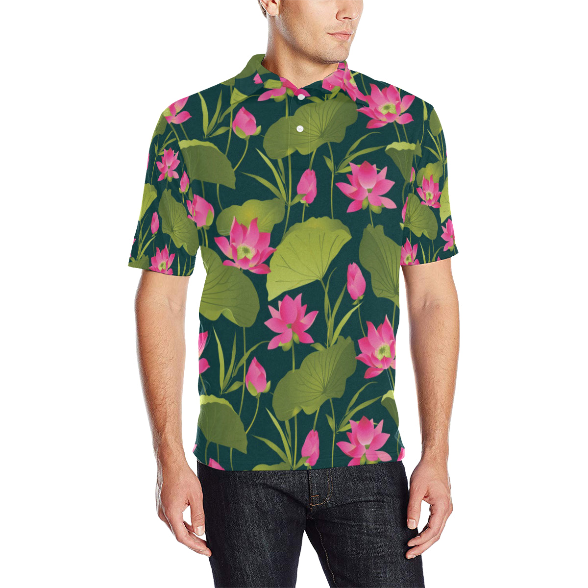 Water Lily Pattern Print Design WL09 Men Polo Shirt