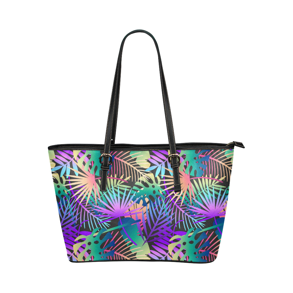 Neon Flower Tropical Palm Leaves Leather Tote Bag