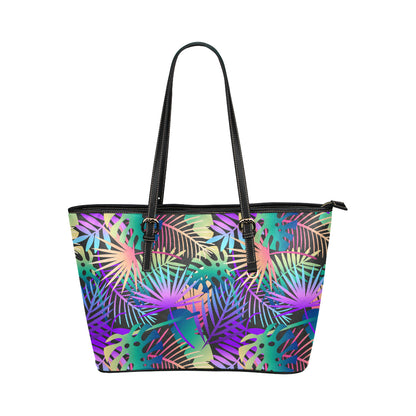 Neon Flower Tropical Palm Leaves Leather Tote Bag