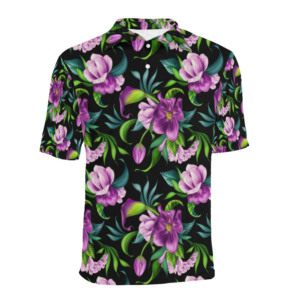 Bright Purple Floral Pattern Men Polo Shirt