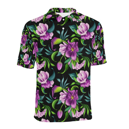 Bright Purple Floral Pattern Men Polo Shirt