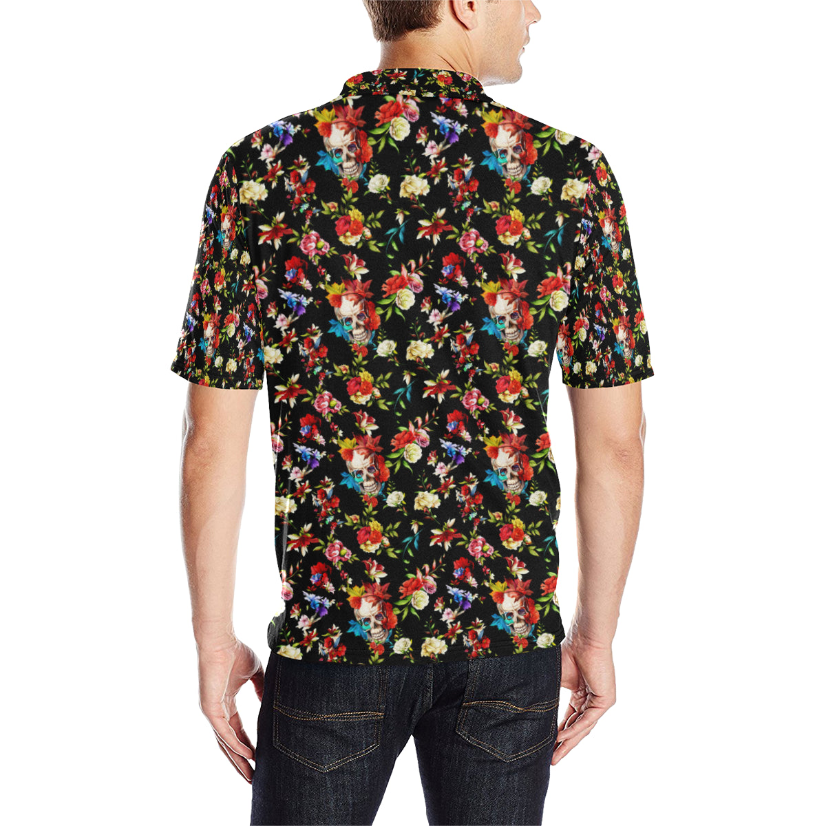 Skull Roses Flower Design Themed Print Men Polo Shirt