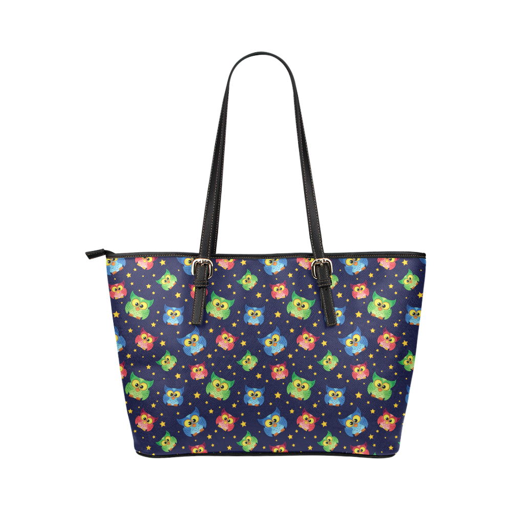 Owl with Star Themed Design Print Leather Tote Bag