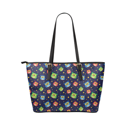 Owl with Star Themed Design Print Leather Tote Bag
