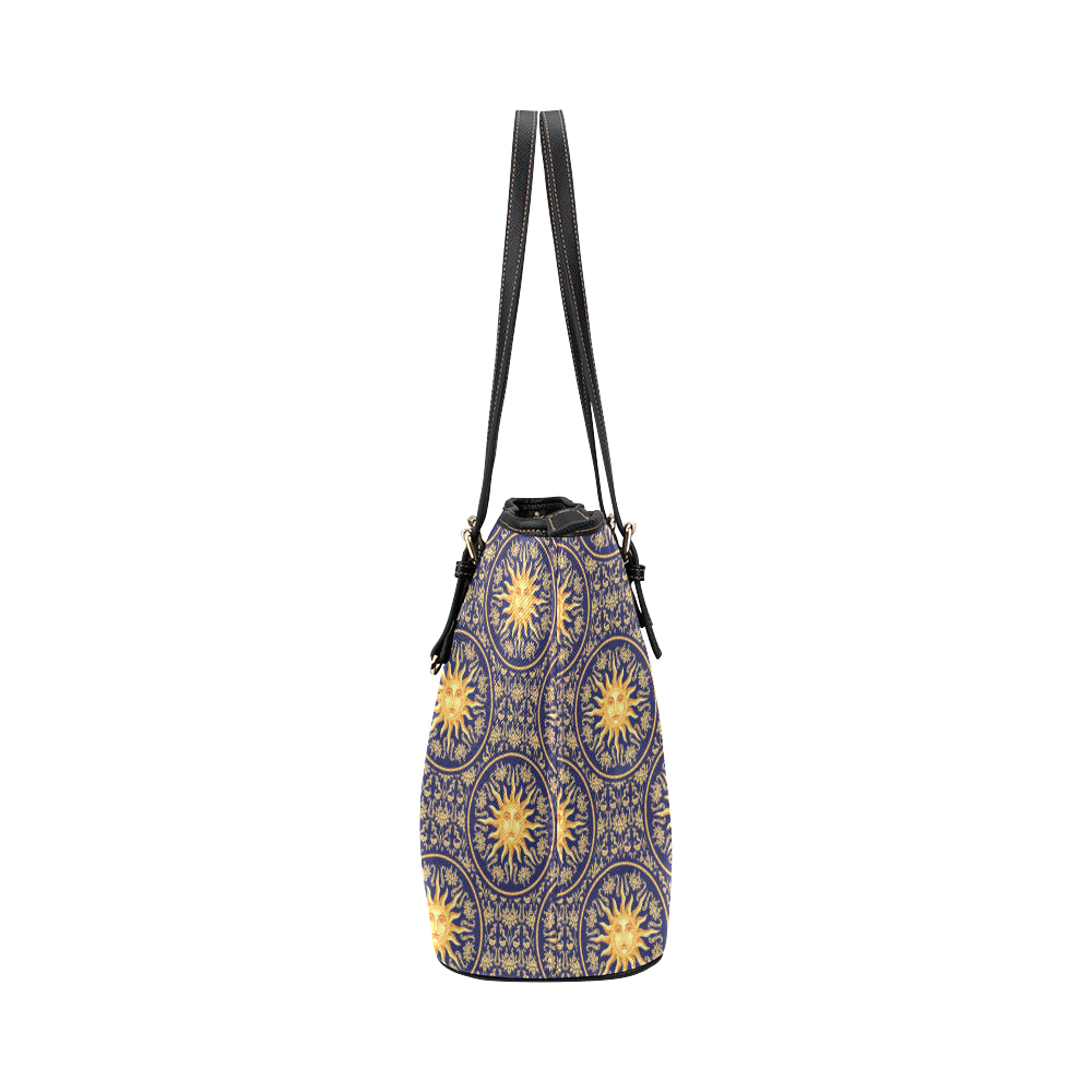 Celestial Gold Sun Face Leather Tote Bag