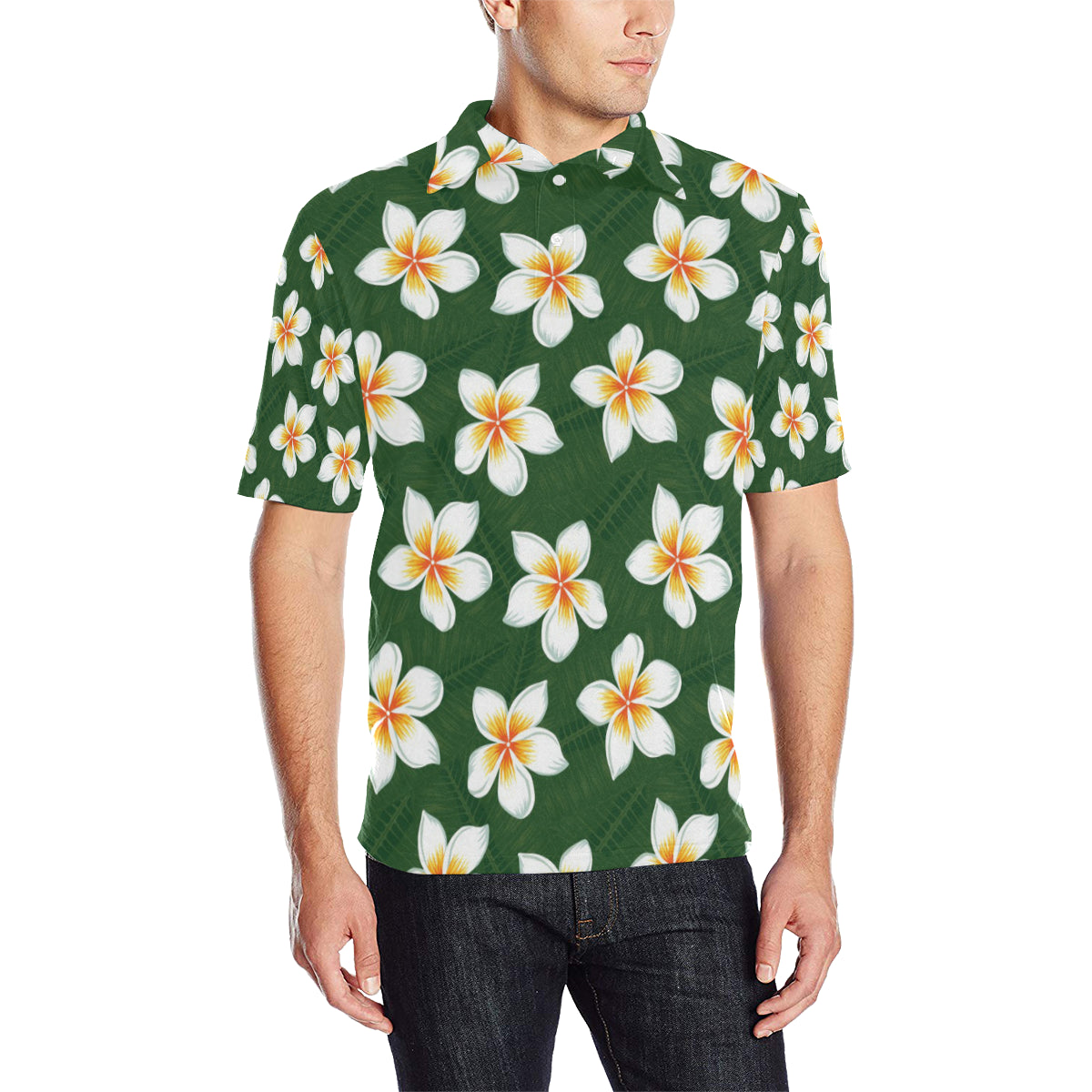 White Plumeria Pattern Print Design PM020 Men Polo Shirt