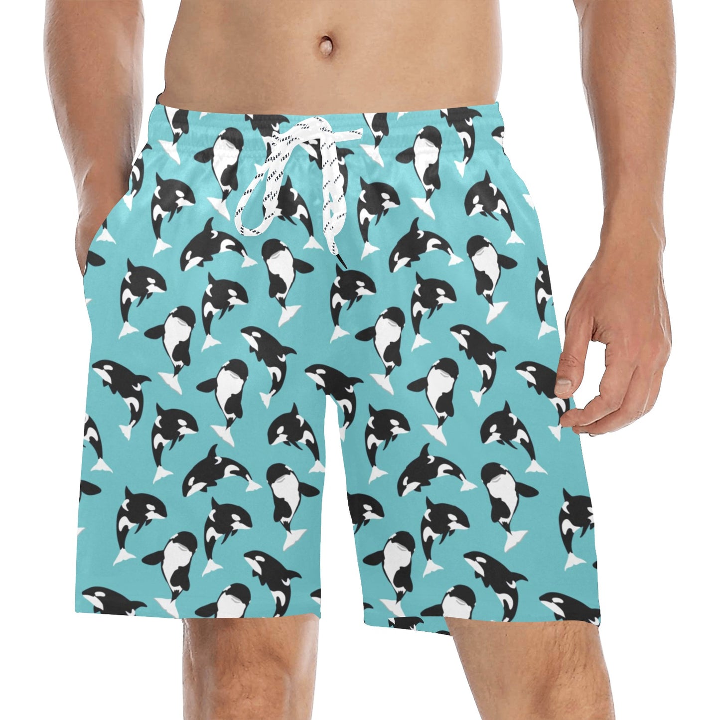 Whale Action Design Themed Print Men's Swim Trunks Beach Shorts