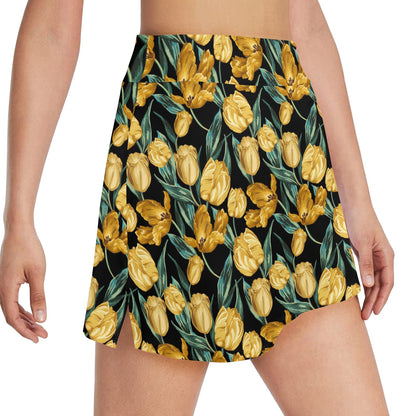 Elegant Yellow Tulip Print 17" Golf & Pickleball Skort with Pockets