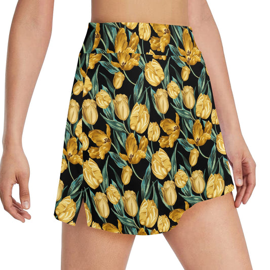 Elegant Yellow Tulip Print 17" Golf & Pickleball Skort with Pockets