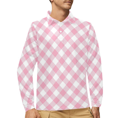 Gingham Pink Pattern Print Design 02 Long Sleeve Polo Shirt For Men's