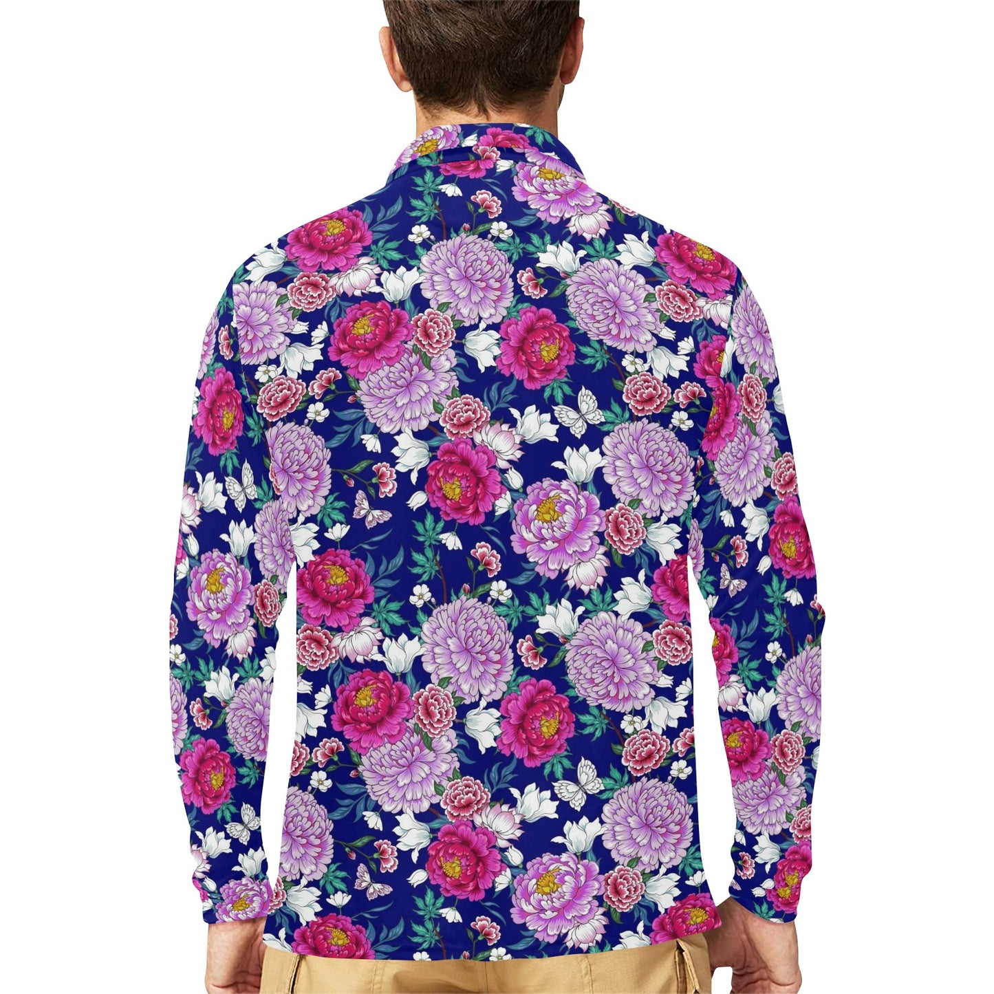 Dahlia Pattern Print Design DH013 Long Sleeve Polo Shirt For Men's