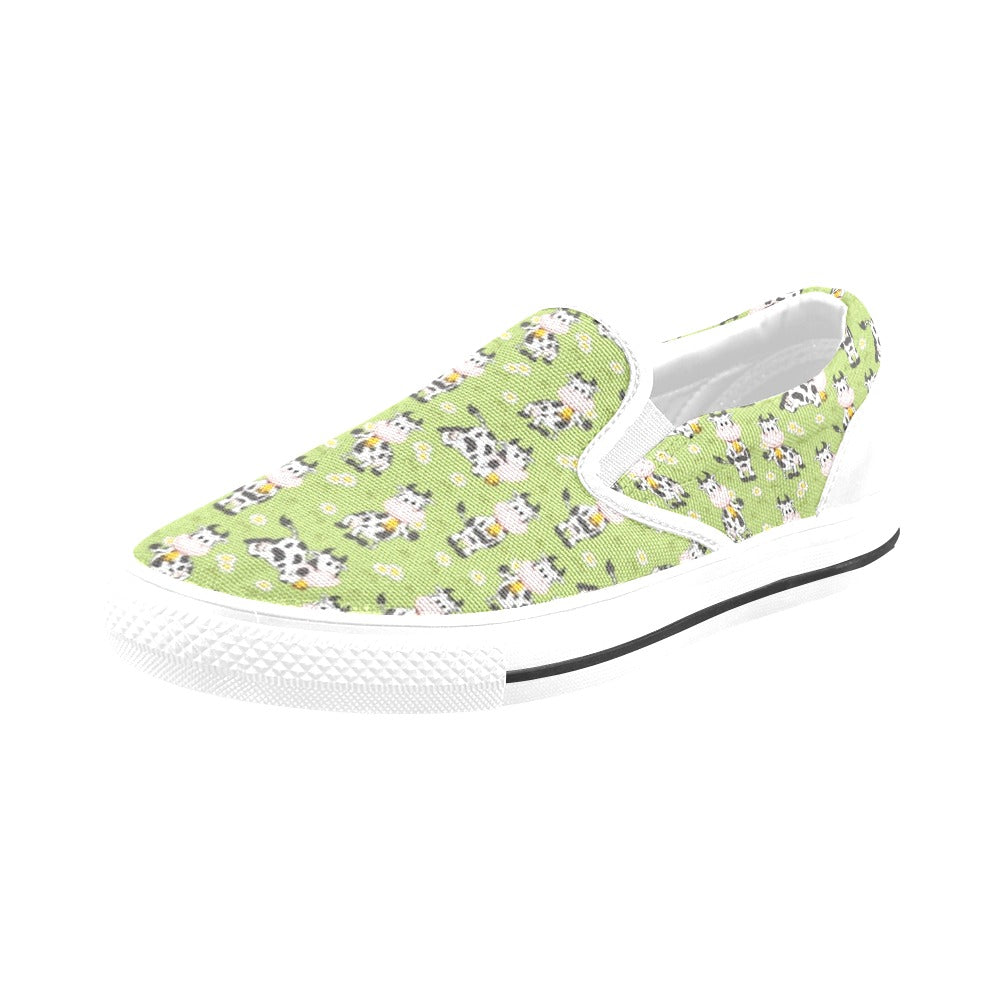 Cattle Print Design LKS401 White Slip Ons Canvas Women's Shoes