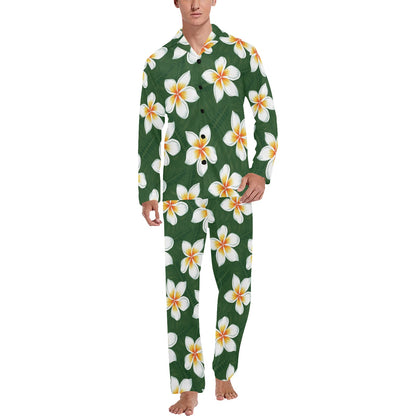 White Plumeria Pattern Print Design PM020 Men's Long Pajama Set