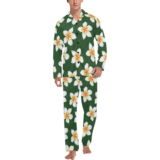 White Plumeria Pattern Print Design PM020 Men's Long Pajama Set