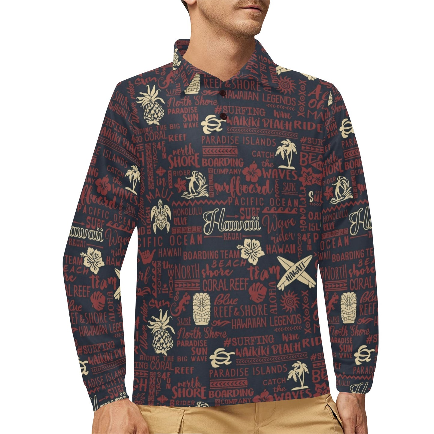 Hawaiian Themed Pattern Print Design H017 Long Sleeve Polo Shirt For Men's