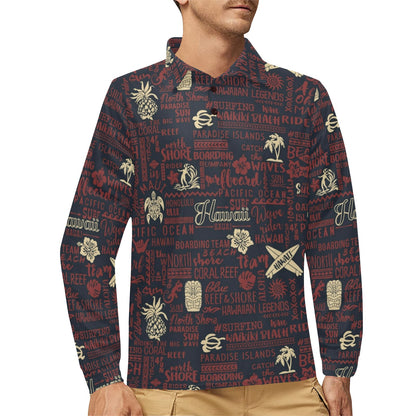 Hawaiian Themed Pattern Print Design H017 Long Sleeve Polo Shirt For Men's