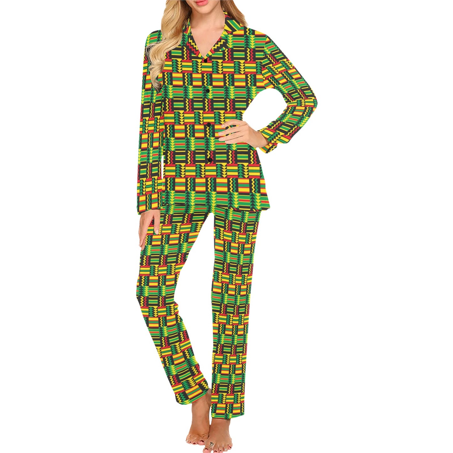 African Zip Zag Print Pattern Women's Long Pajama Set