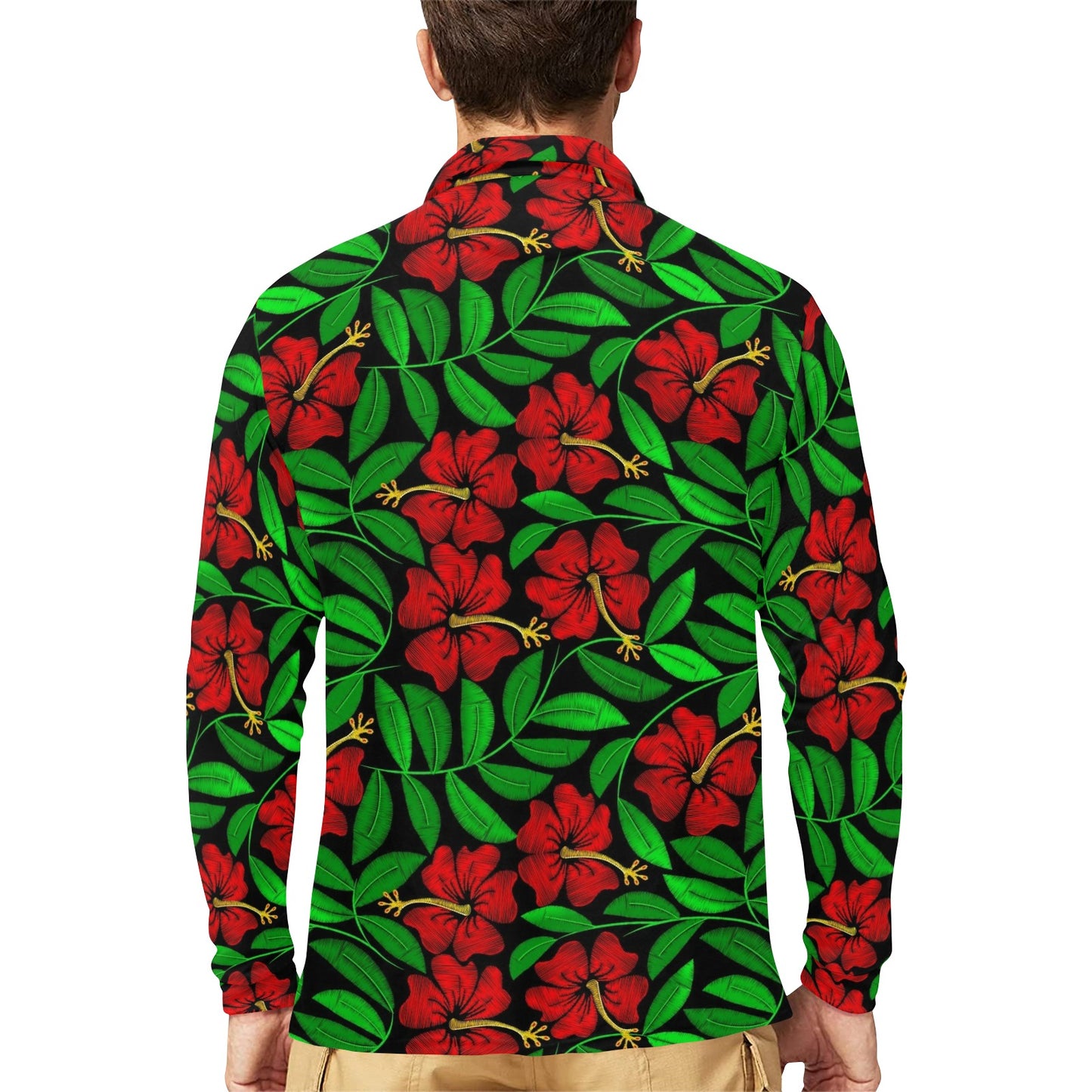 Red Hibiscus Embroidered Pattern Print Design HB032 Long Sleeve Polo Shirt For Men's