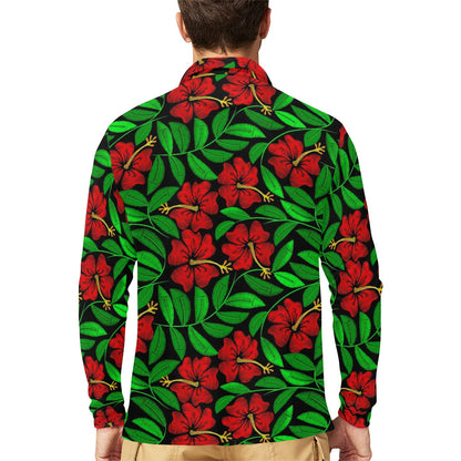 Red Hibiscus Embroidered Pattern Print Design HB032 Long Sleeve Polo Shirt For Men's