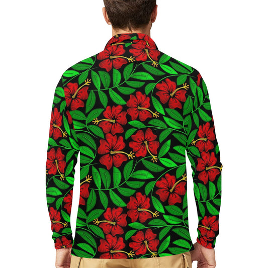 Red Hibiscus Embroidered Pattern Print Design HB032 Long Sleeve Polo Shirt For Men's