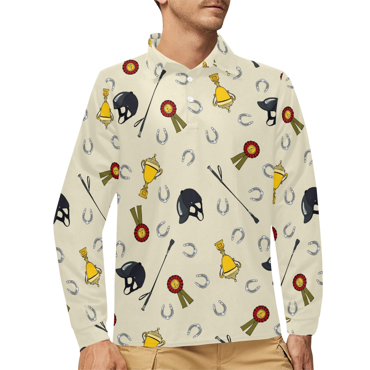 Equestrian Horseshoe Equipment Long Sleeve Polo Shirt For Men's