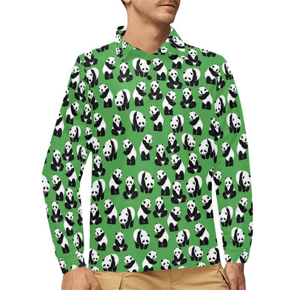 Panda Bear Pattern Themed Print Long Sleeve Polo Shirt For Men's