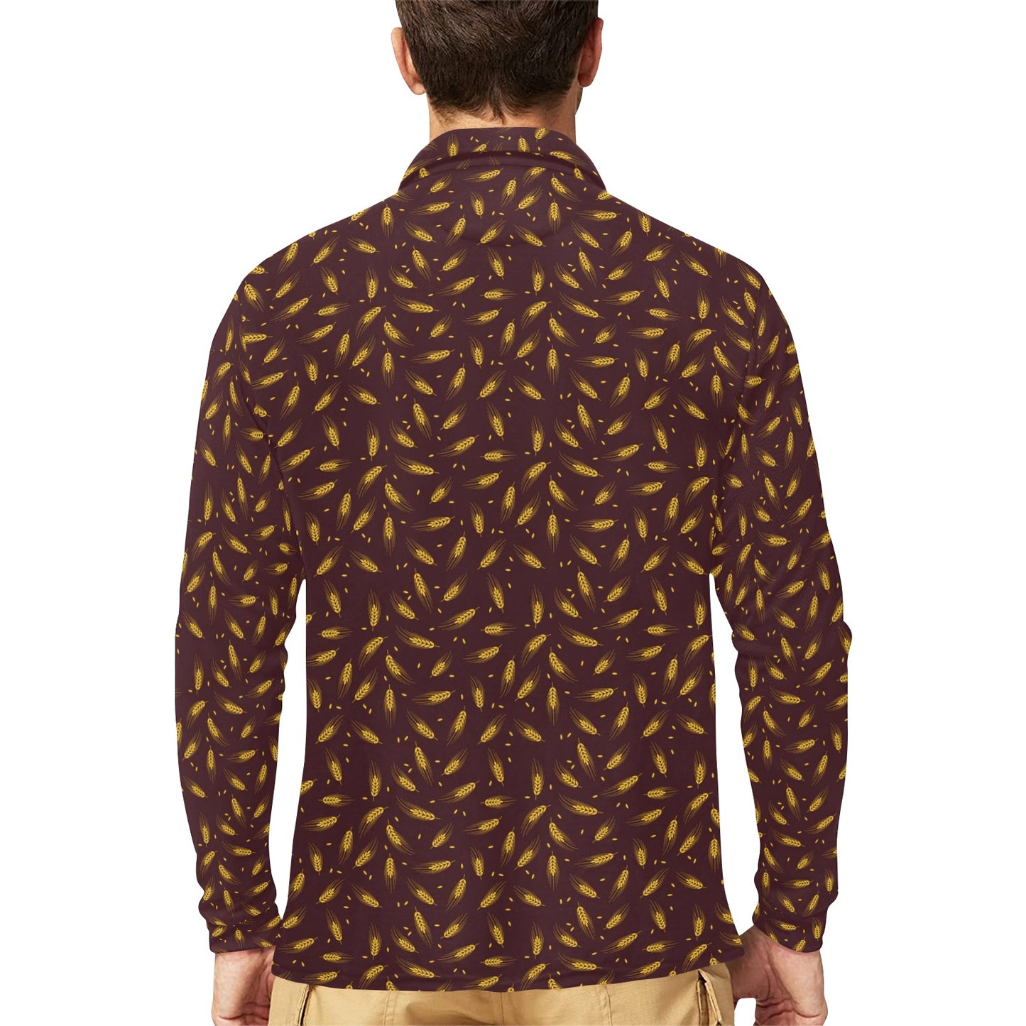Agricultural Gold Wheat Print Pattern Long Sleeve Polo Shirt For Men's