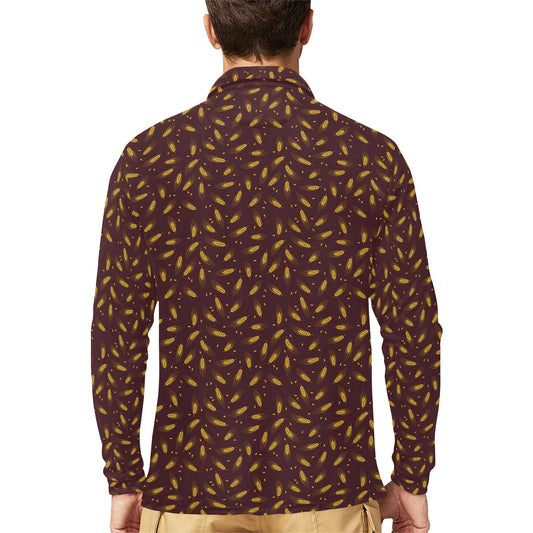 Agricultural Gold Wheat Print Pattern Long Sleeve Polo Shirt For Men's