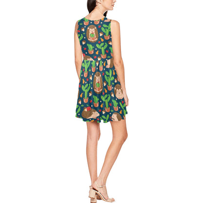 Hedgehog Cactus Pattern Print Design 04 Sleeveless Dress
