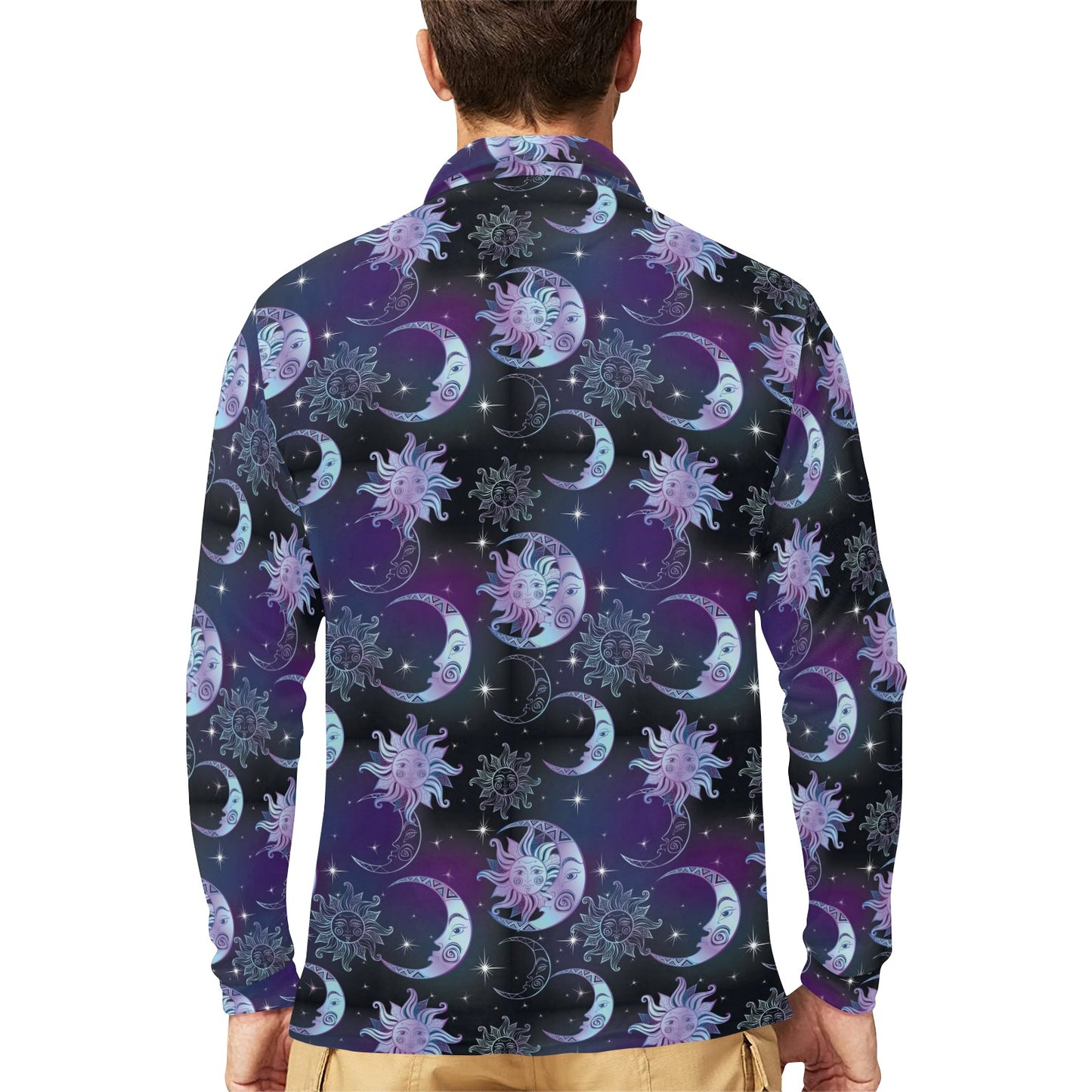 Sun Moon Print Design LKS303 Long Sleeve Polo Shirt For Men's