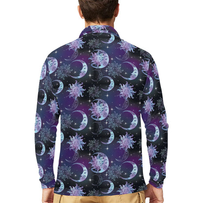 Sun Moon Print Design LKS303 Long Sleeve Polo Shirt For Men's