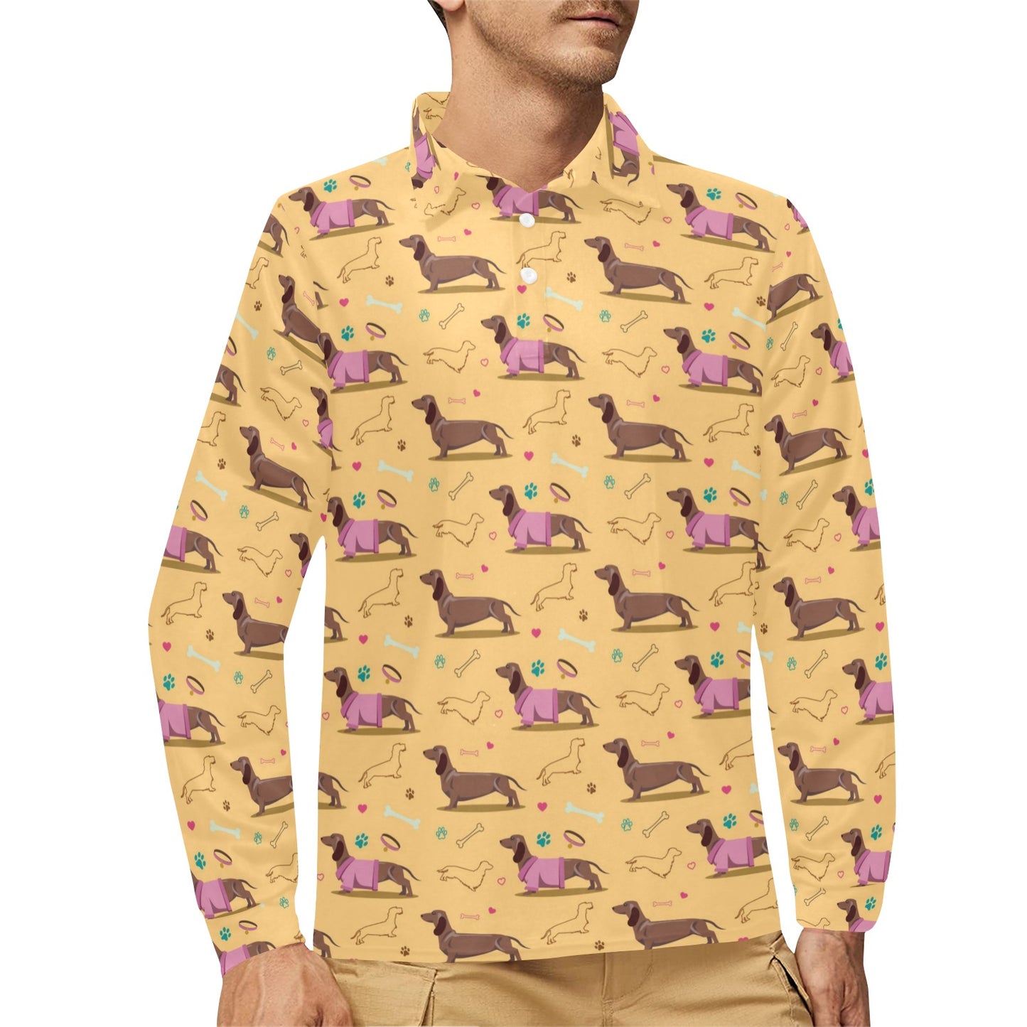 Dachshund Pattern Print Design 07 Long Sleeve Polo Shirt For Men's