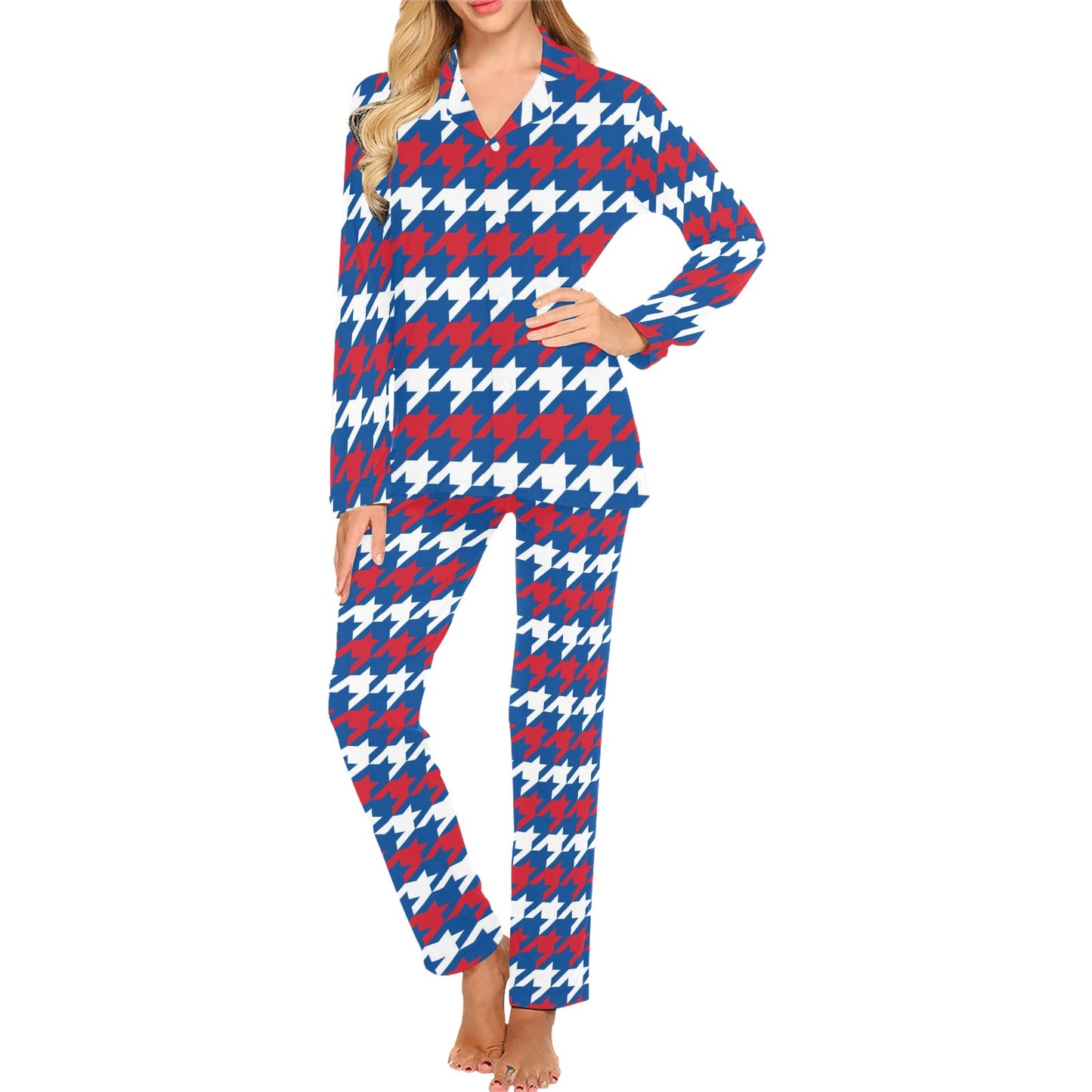 Patriotic Houndstooth Pattern Print Design A02 Women's Long Pajama Set