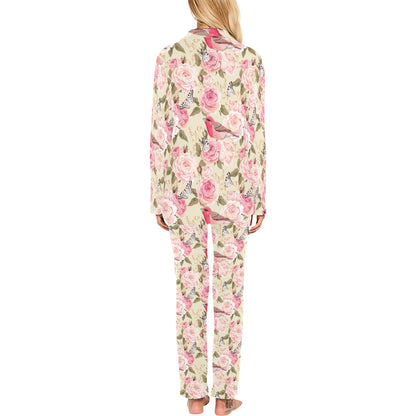 Bird Butterfly Pink Flower Print Pattern Women's Long Pajama Set