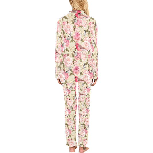 Bird Butterfly Pink Flower Print Pattern Women's Long Pajama Set