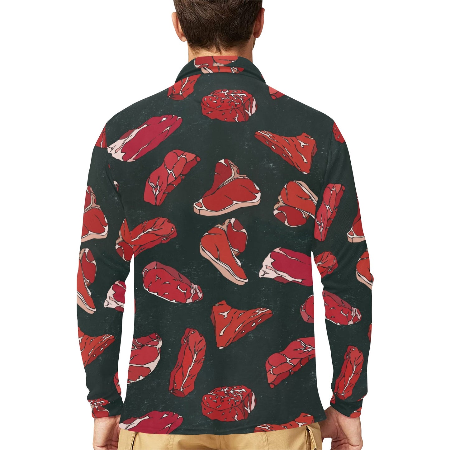 Meat Pattern Print Design 01 Long Sleeve Polo Shirt For Men's