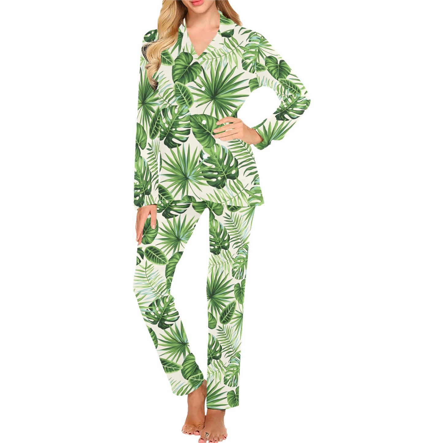 Palm Leaf Pattern Print Design A01 Women's Long Pajama Set