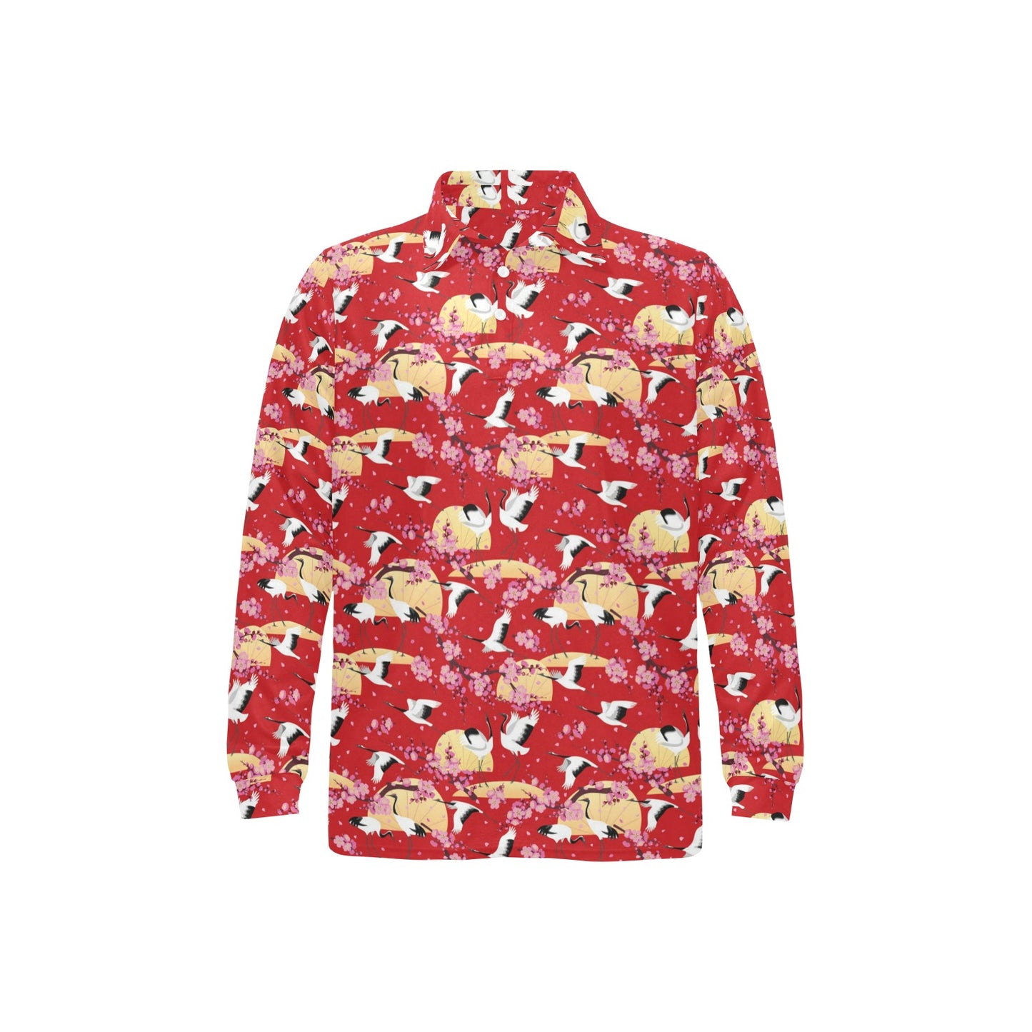 Crane Pattern Print Design 04 Long Sleeve Polo Shirt For Men's