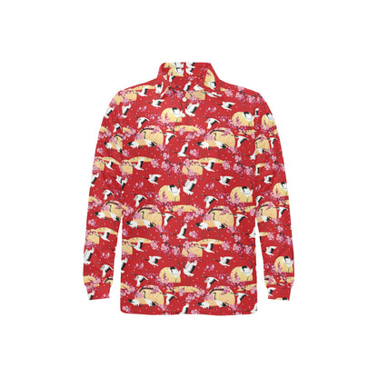 Crane Pattern Print Design 04 Long Sleeve Polo Shirt For Men's