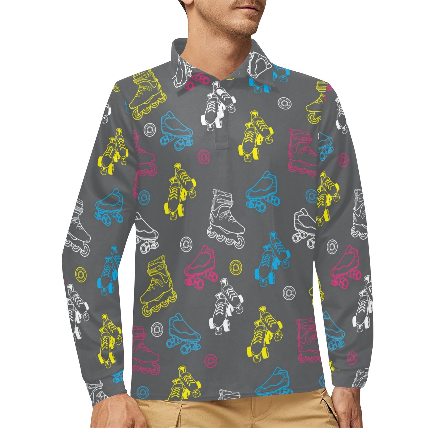 Roller skate Pattern Print Design A02 Long Sleeve Polo Shirt For Men's