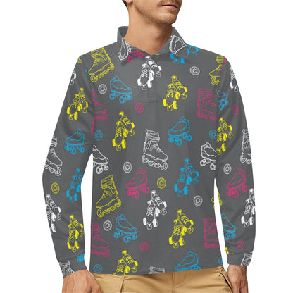 Roller skate Pattern Print Design A02 Long Sleeve Polo Shirt For Men's
