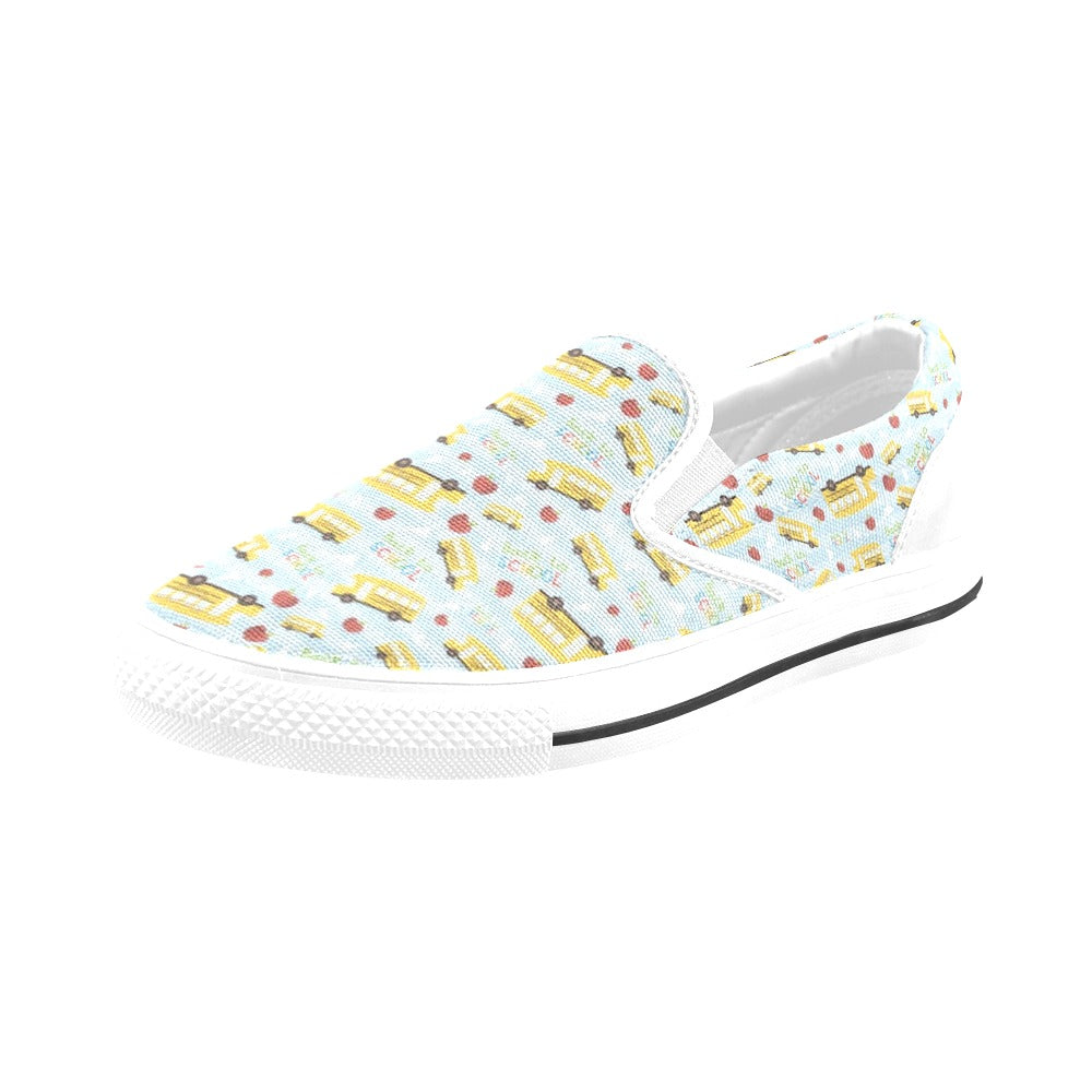 School Bus Back To School Print Design LKS303 White Slip Ons Canvas Women's Shoes