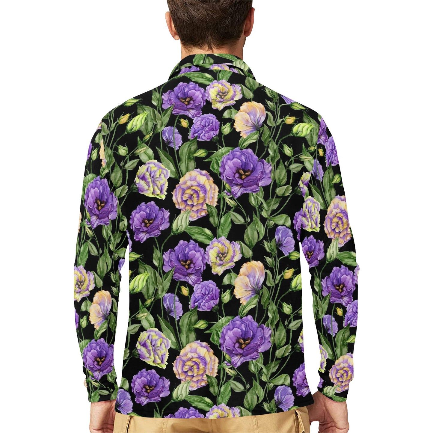 Lisianthus Pattern Print Design LT02 Long Sleeve Polo Shirt For Men's
