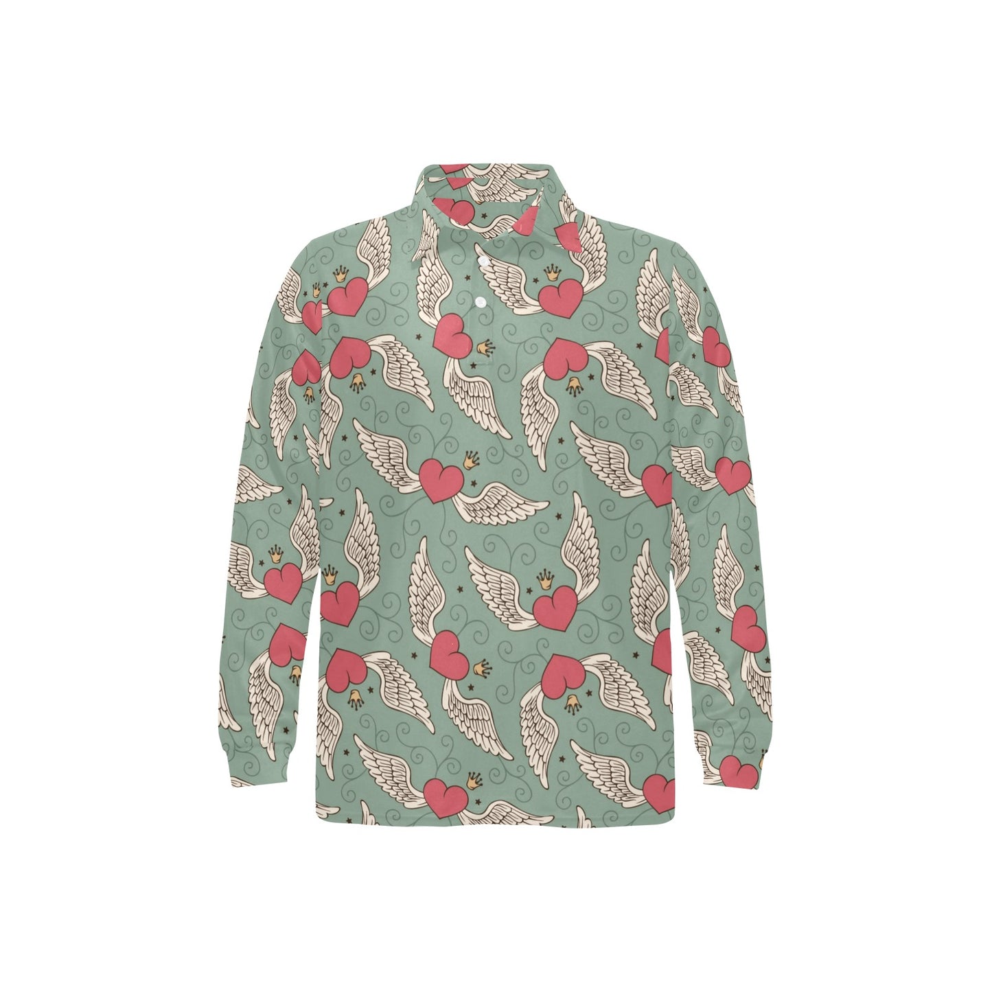 Angel Wings Heart Design Themed Print Long Sleeve Polo Shirt For Men's