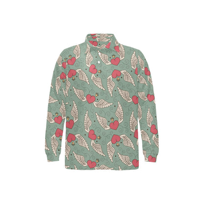 Angel Wings Heart Design Themed Print Long Sleeve Polo Shirt For Men's