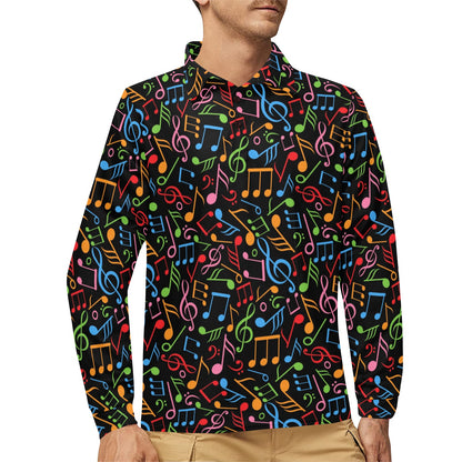 Music Note Colorful Themed Print Long Sleeve Polo Shirt For Men's