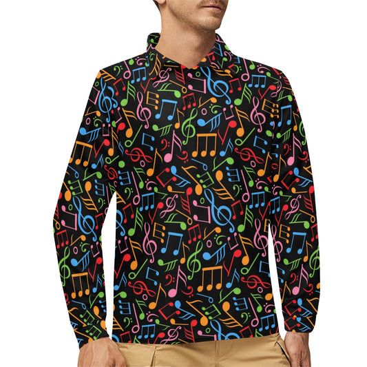 Music Note Colorful Themed Print Long Sleeve Polo Shirt For Men's
