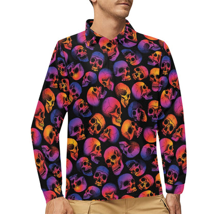 Skull Multicolor Print Design LKS3011 Long Sleeve Polo Shirt For Men's