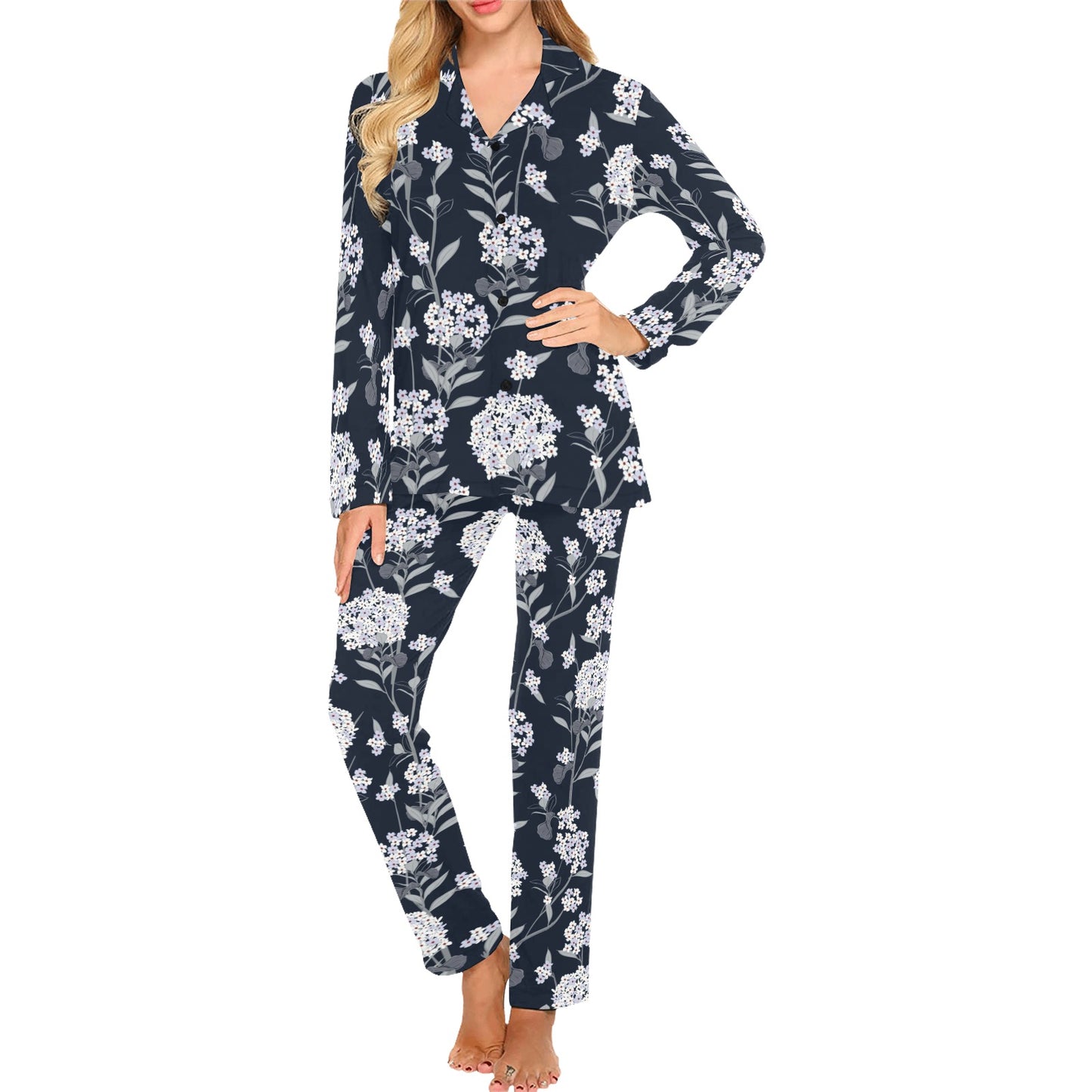 Hydrangea Pattern Print Design HD07 Women's Long Pajama Set