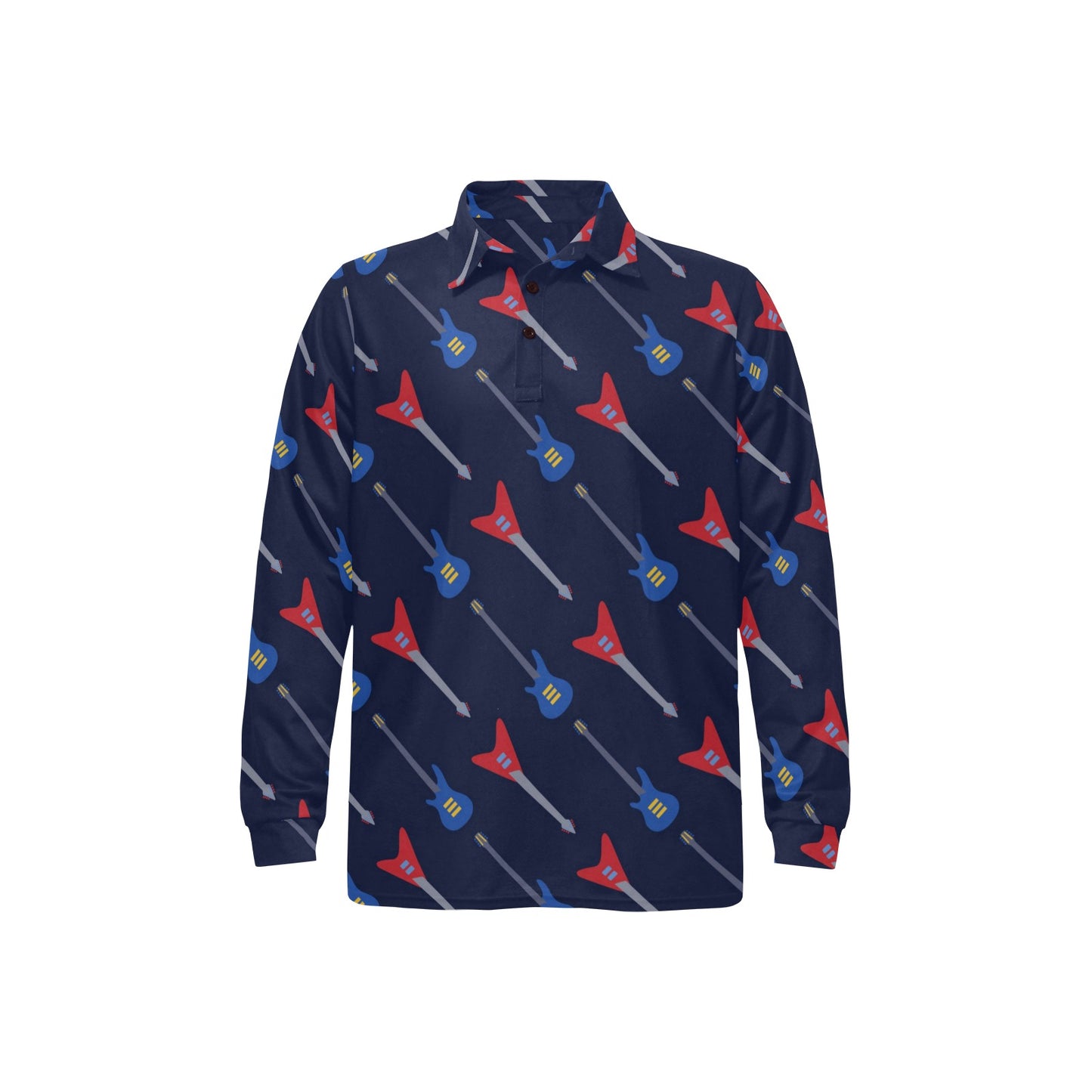 Electric Guitar Pattern Print Design 01 Long Sleeve Polo Shirt For Men's